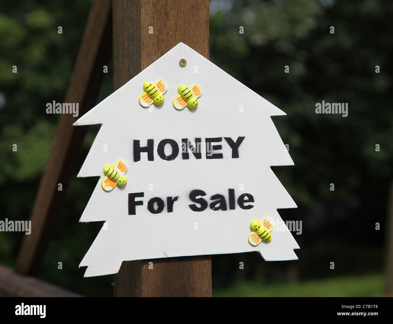Un cartel en la forma de un enjambre de abejas diciendo miel para la venta  Fotografía de stock - Alamy
