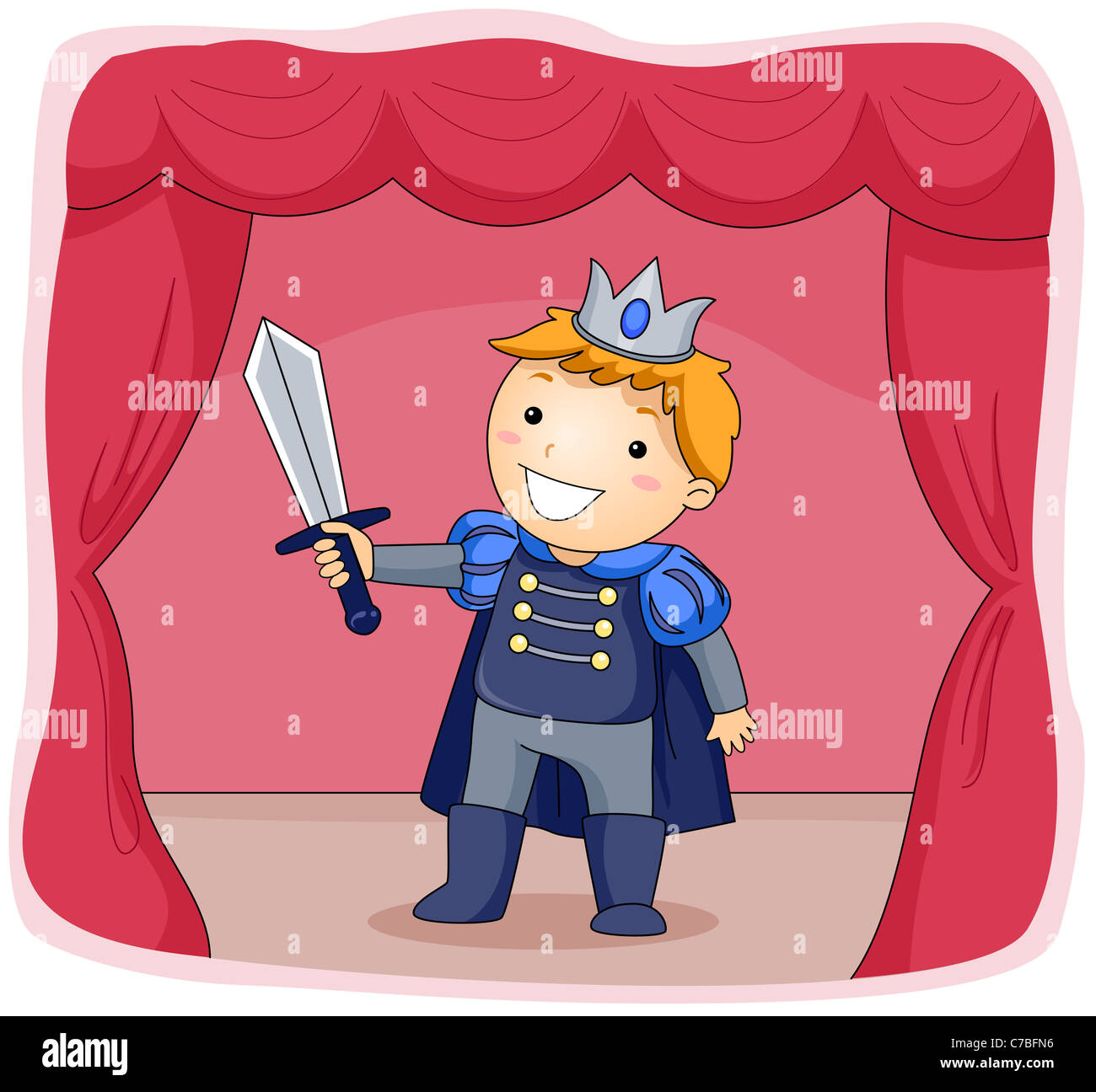 Ilustración de un niño vestido como un príncipe actuando en una etapa de juego Foto de stock