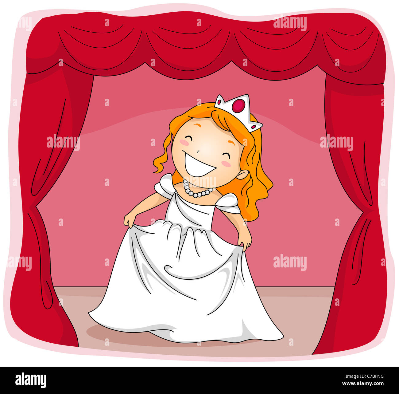Ilustración de un niño vestido con un traje de Princesa actuando en una etapa de juego Foto de stock