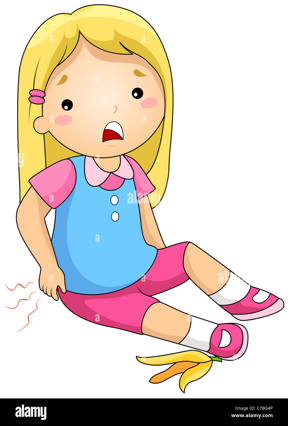 Ilustración de una chica que cayó después de pisar una cáscara de