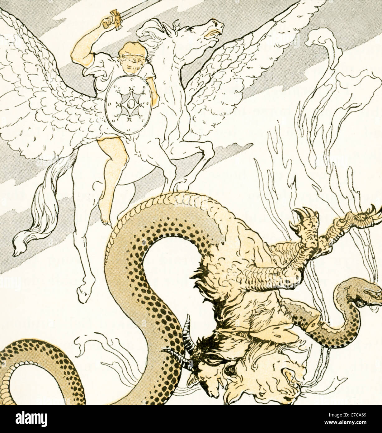 Según la mitología griega, el héroe Bellerophon, con la ayuda del caballo alado Pegaso, mató al monstruo como el Chimaera. Foto de stock