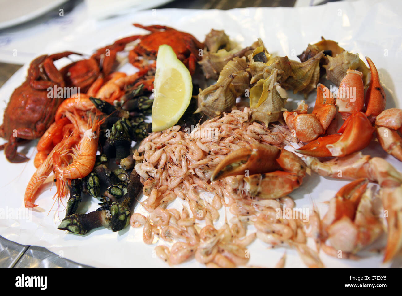 Pinchos en El Puerto de Santa María, mezcla de mariscos con cangrejo, percebes, camarones, caracoles de mar Foto de stock