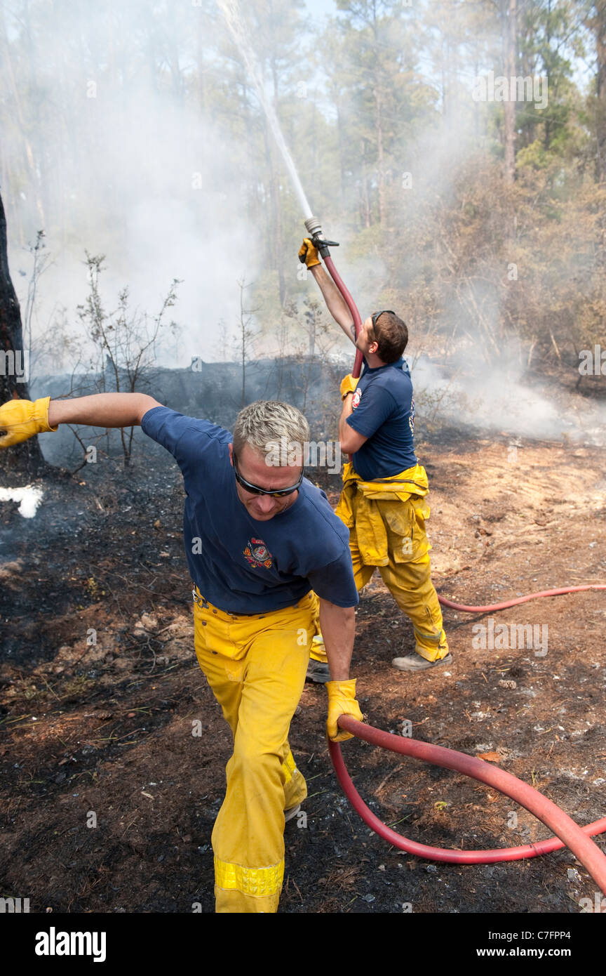 Los bomberos utilizan una manguera de agua a alta presión para una batalla fuera de control de incendios de pasto en una zona boscosa cerca de Bastrop, Texas Foto de stock