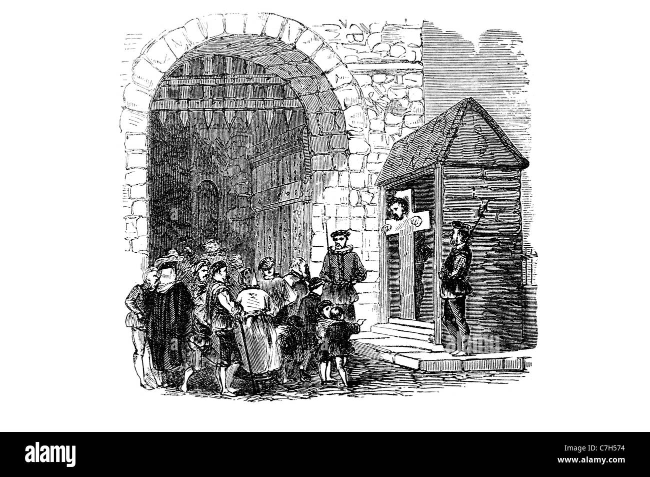 Picota gateway london bridge traición herejía medieval humillación pública el castigo físico corporal ley penal del delito Foto de stock