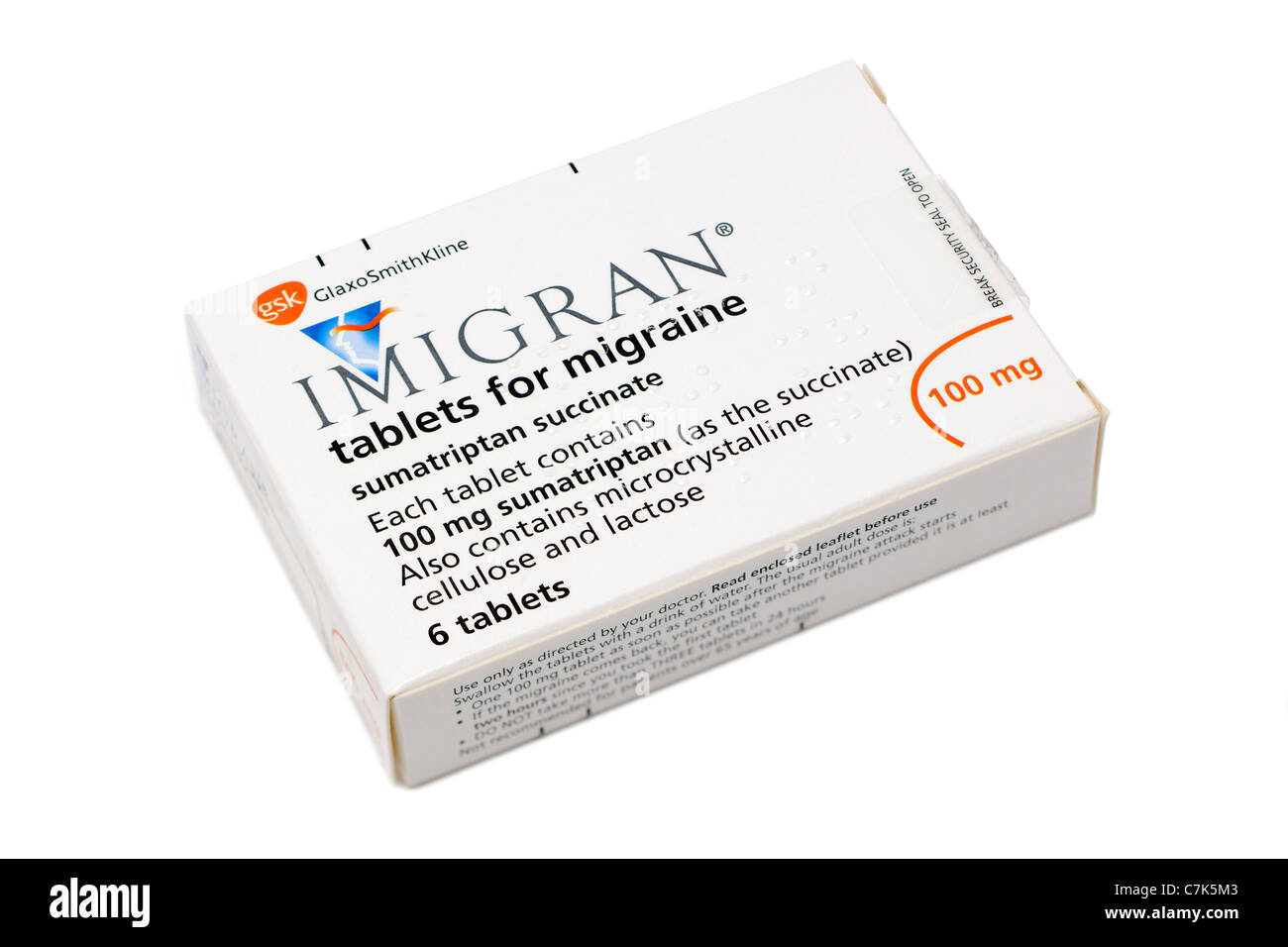 Caja de 6 tabletas de 100 mg para la migraña Imigran Fotografía de stock -  Alamy