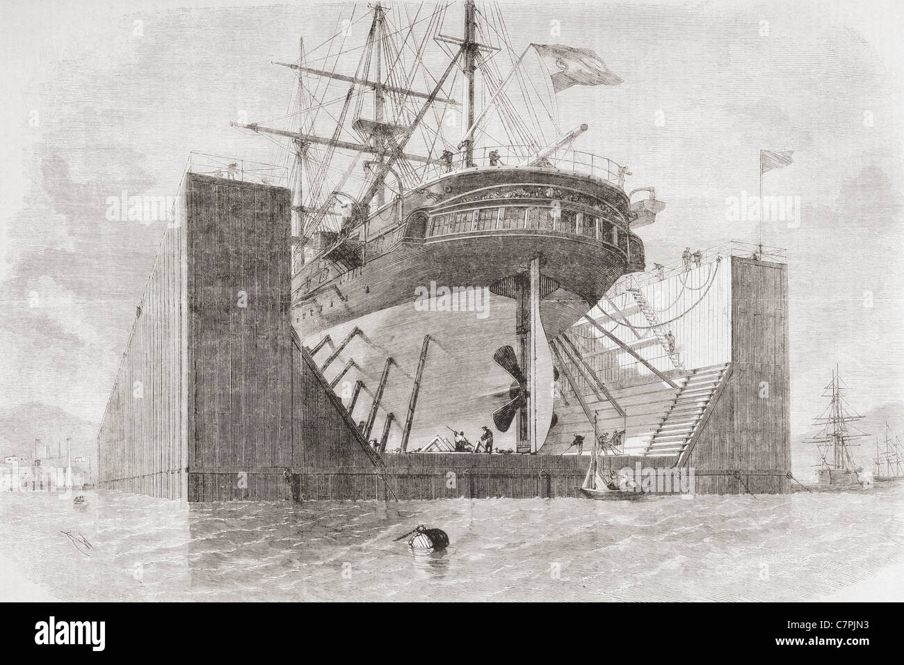 El muelle flotante en Cartagena, Murcia, España a mediados del siglo XIX. Foto de stock