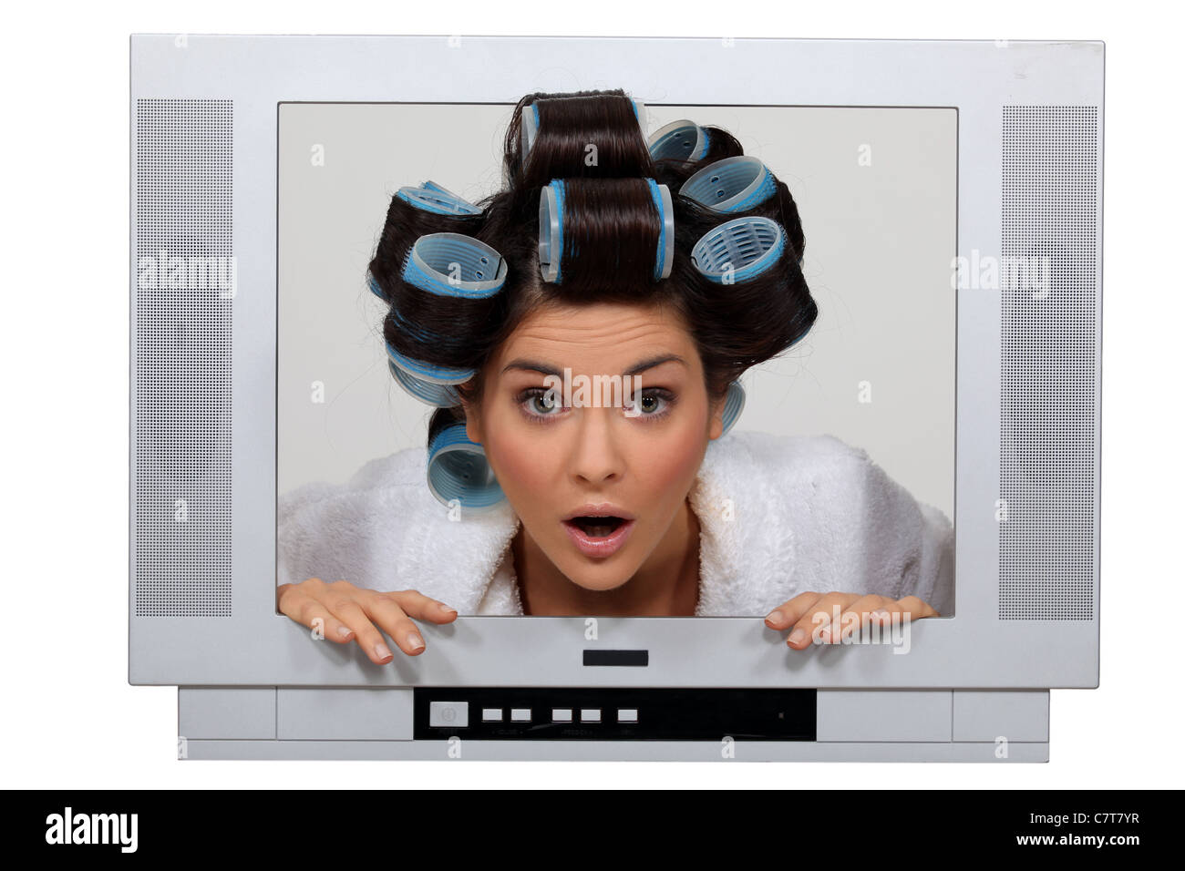 Mujer en tv con rizadores de pelo Foto de stock