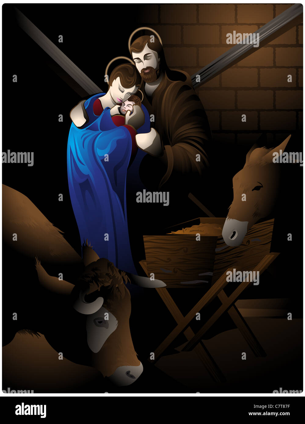 Ilustración de la escena de la Natividad de María, el niño Jesús, San