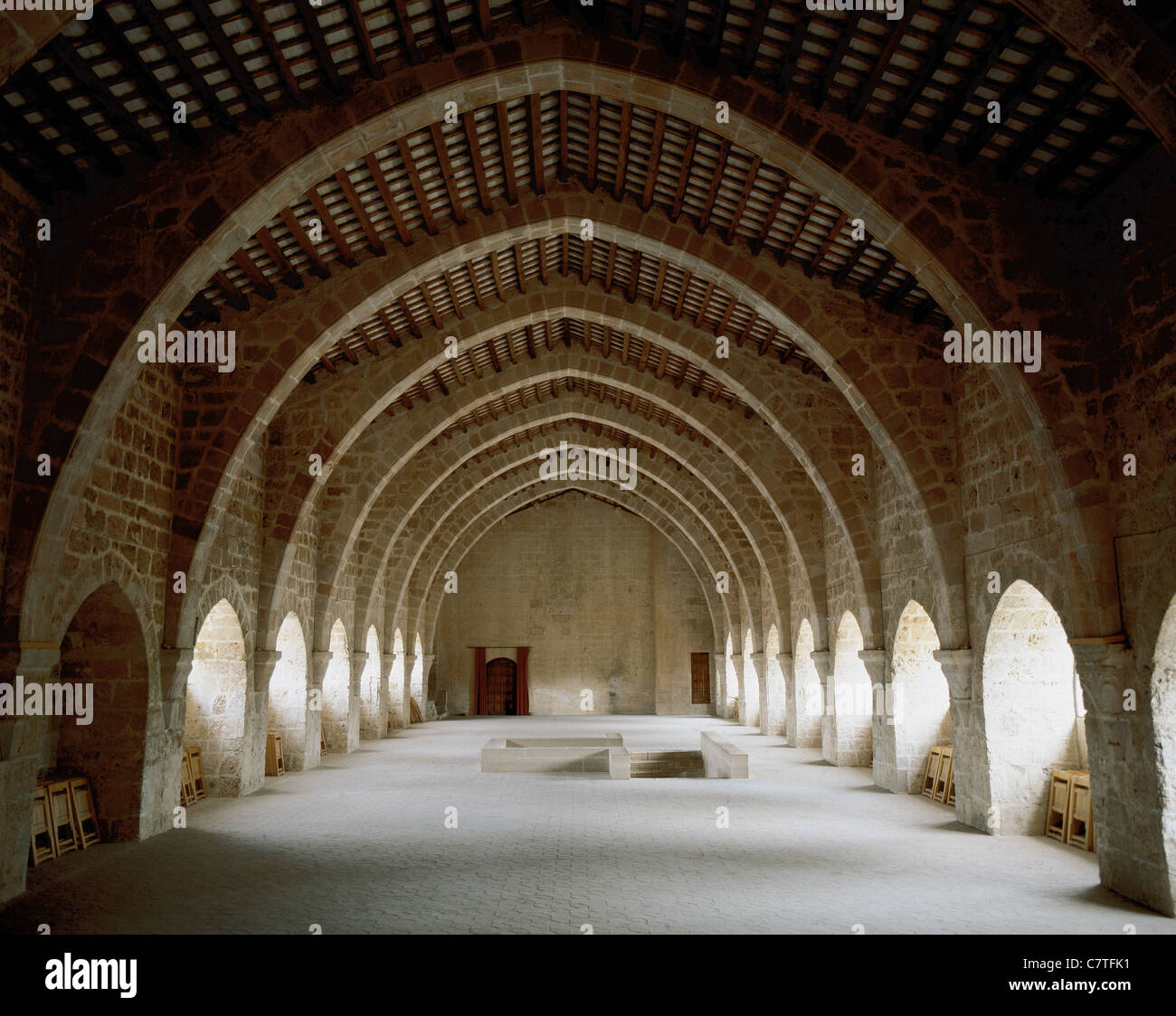 Monasterio de Santes Creus construida entre los siglos XII y XIII. Dormitorio de los monjes. Aiguamurcia. Cataluña. España. Foto de stock