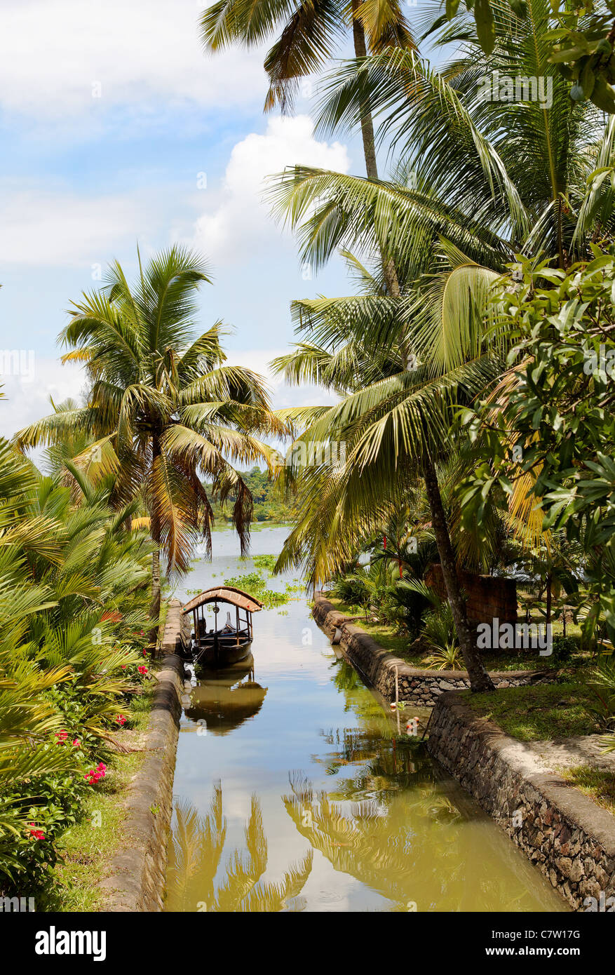 Escena del canal pequeño barco taxi remansos de Kerala India, cocoteros, hojas de palmera, la flora, el agua, el lago, el cielo azul, arteria relections Foto de stock