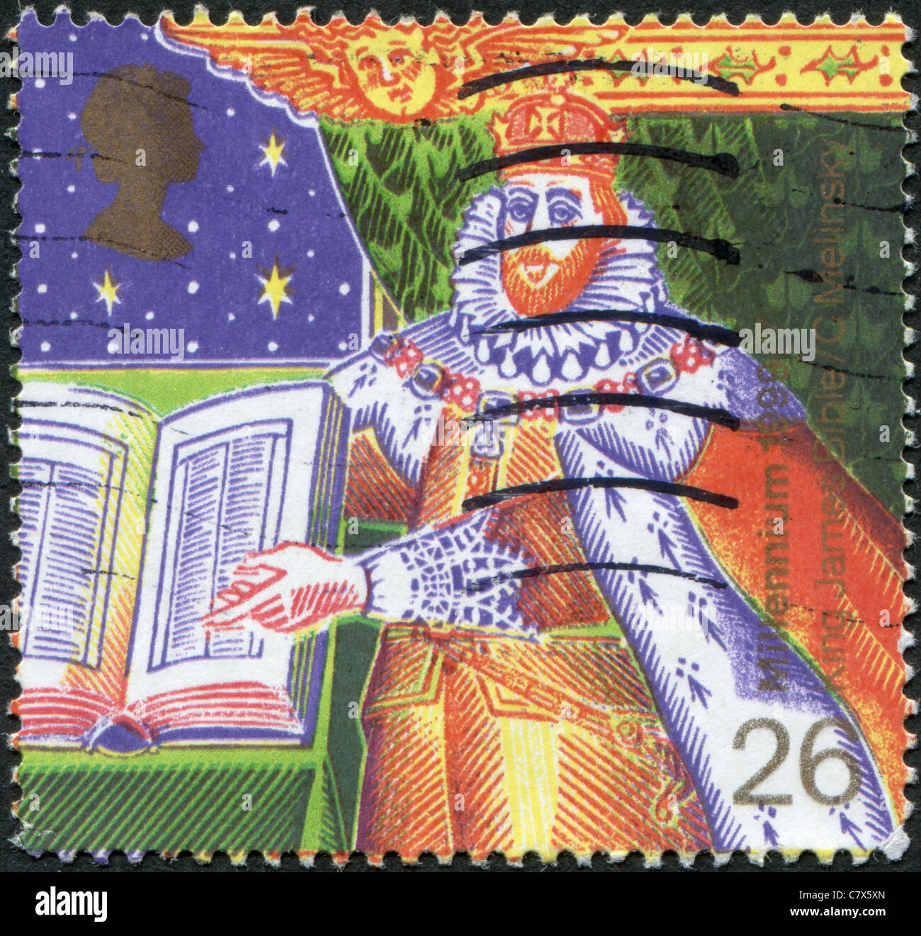 Reino Unido - 1999: un sello impreso en Inglaterra, muestra el rey James I de Inglaterra con la Biblia Foto de stock