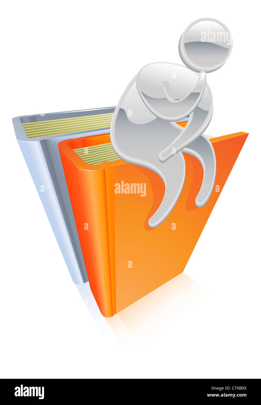 Cartoon metálicos mascota personaje sentado en concepto de pensamiento libros Foto de stock