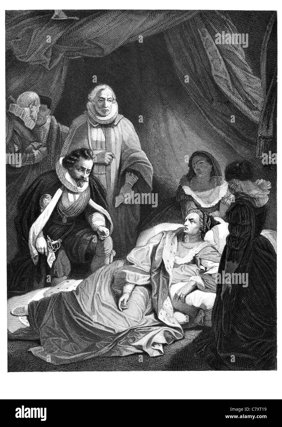 Última hora en lecho de muerte Elizabeth I 1603 reinante de Inglaterra la Reina Virgen Gloriana Bueno Bess monarca de la dinastía Tudor Regal Princess Foto de stock
