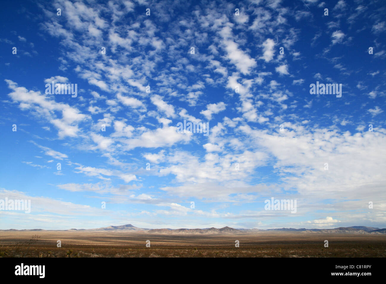 Big Sky en el desierto con nubes y llanuras vacías que conducen a las montañas distantes Foto de stock