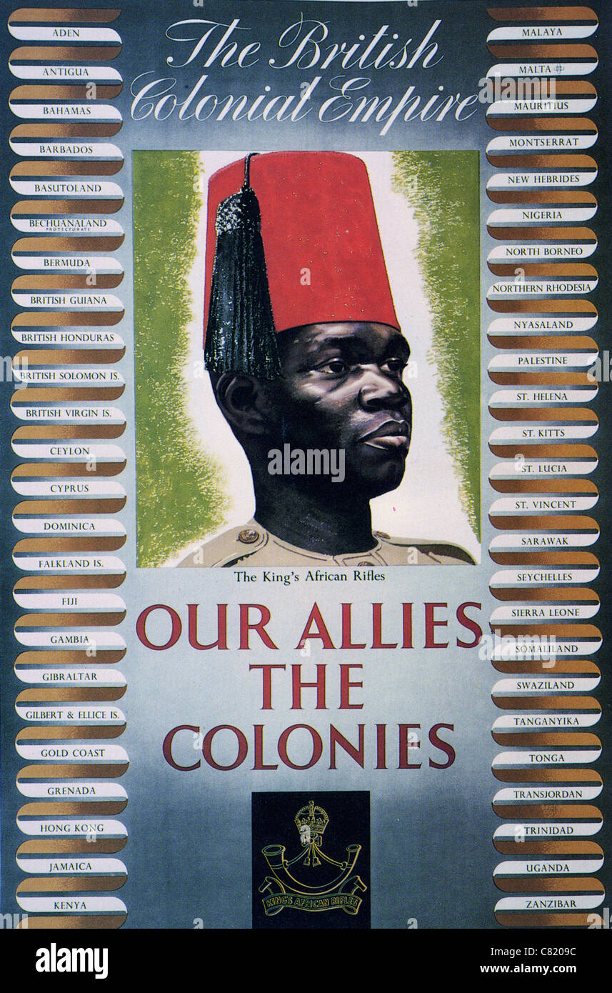Nuestros aliados las colonias - British WW2 poster destacando la aportación de la Mancomunidad Británica de Naciones. Foto de stock