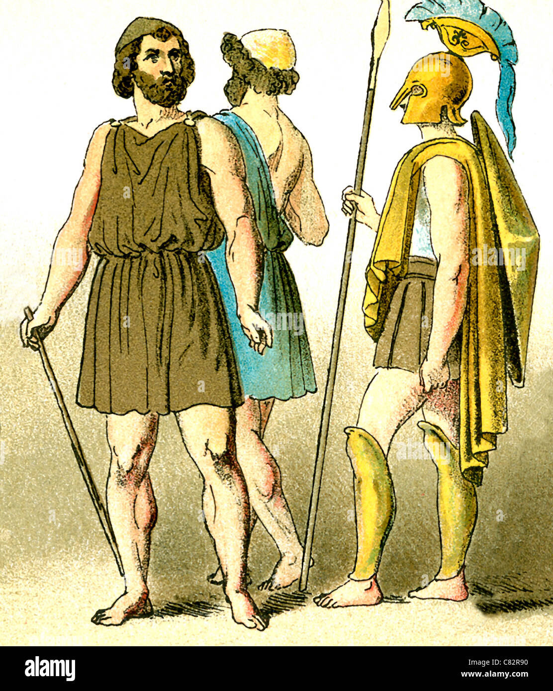 Estas ilustraciones de Griegos antiguos representan, de izquierda a derecha: Dos plebeyos y un guerrero. Foto de stock