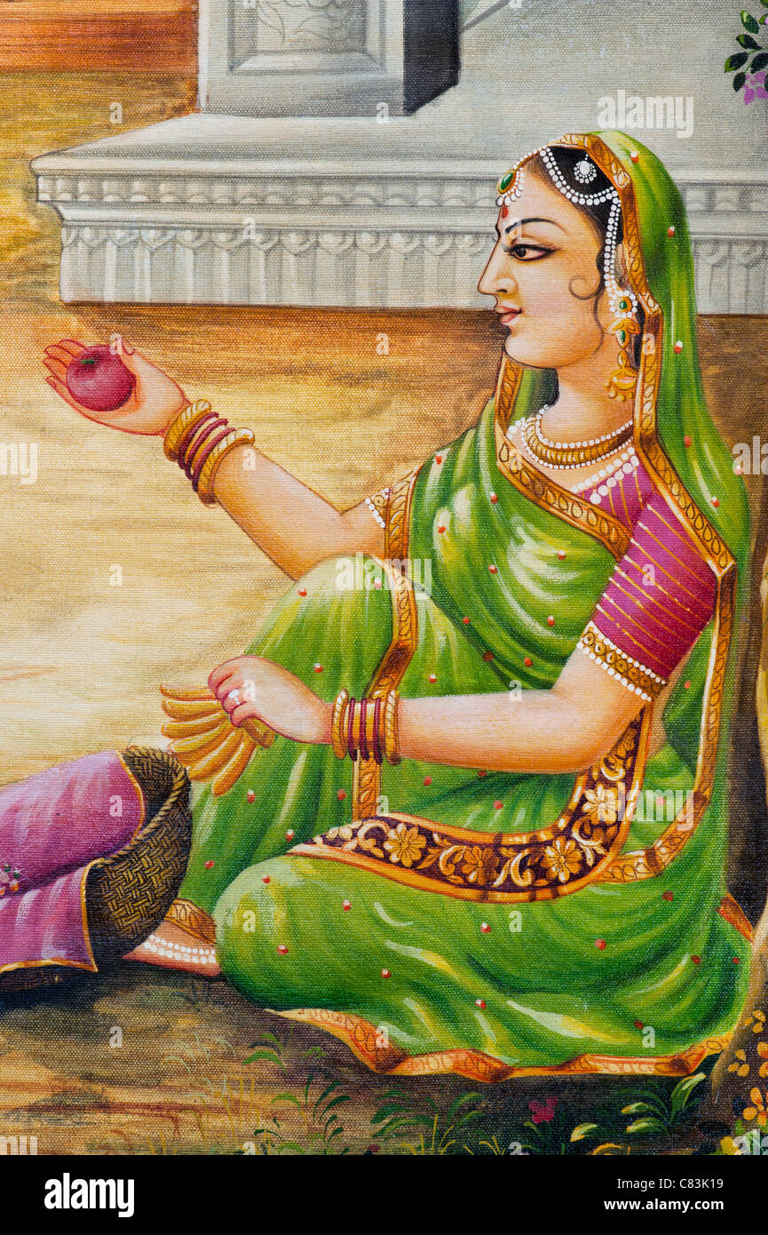 Indio tradicional de pintura al óleo sobre lienzo de una mujer india Gopi. La India Foto de stock