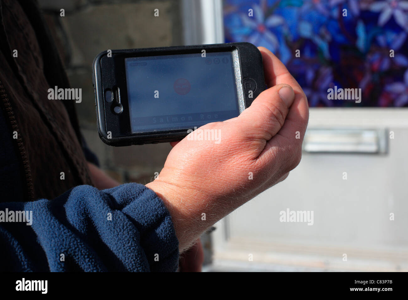 Hombre sujetando el iphone 4 con huevas de salmón juego app en la pantalla Foto de stock