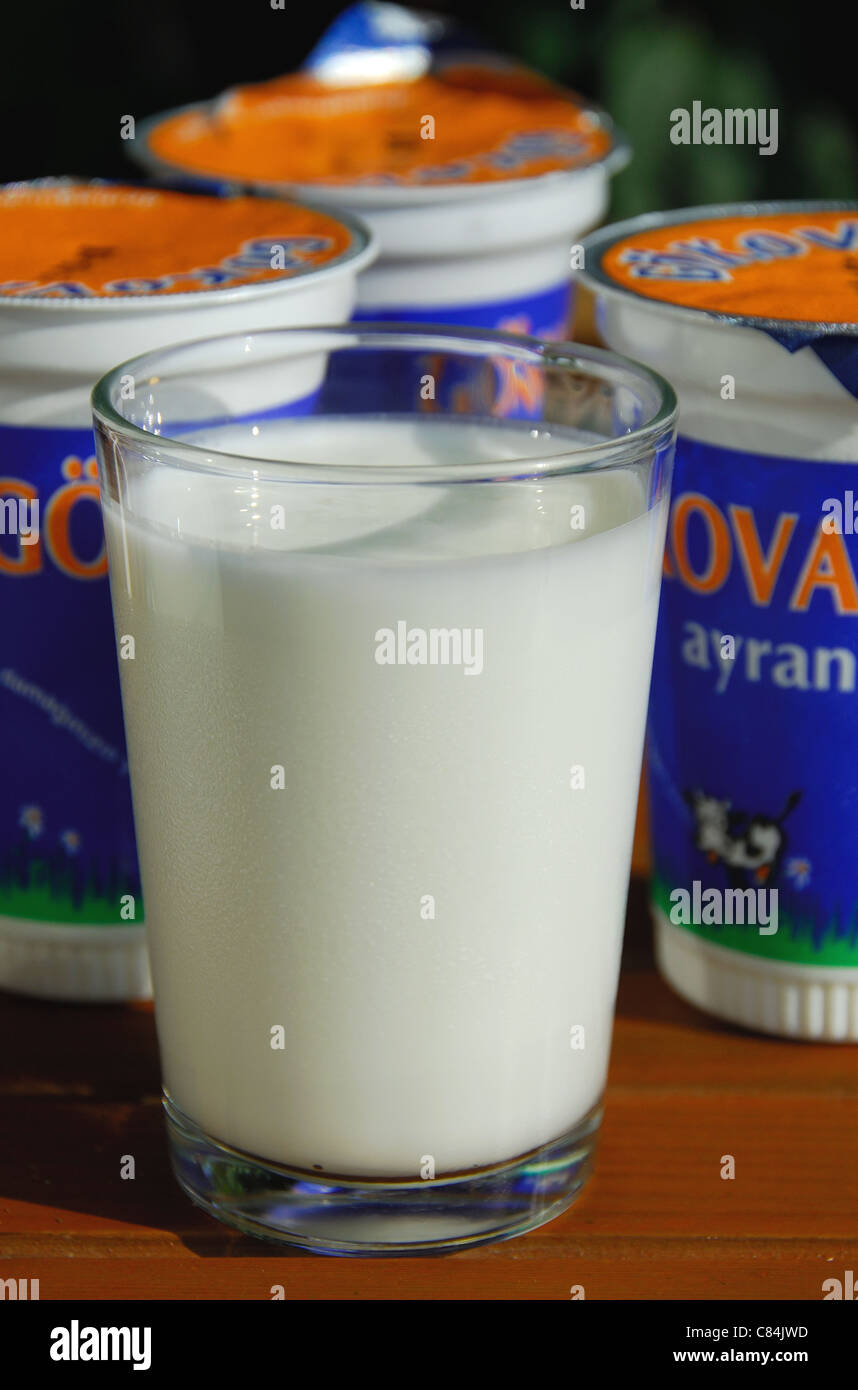 Turquía. Un vaso y ollas de ayran, una popular bebida de yogur turco. 2011. Foto de stock