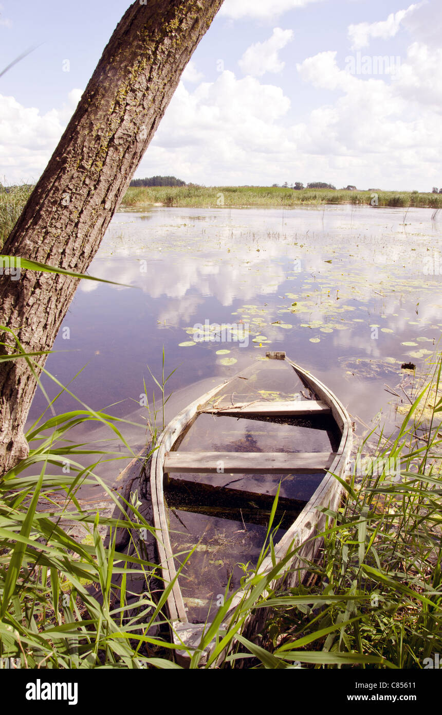 Ahogar barco olvidado cerca del lago costa. La orilla del lago en un día soleado. Foto de stock