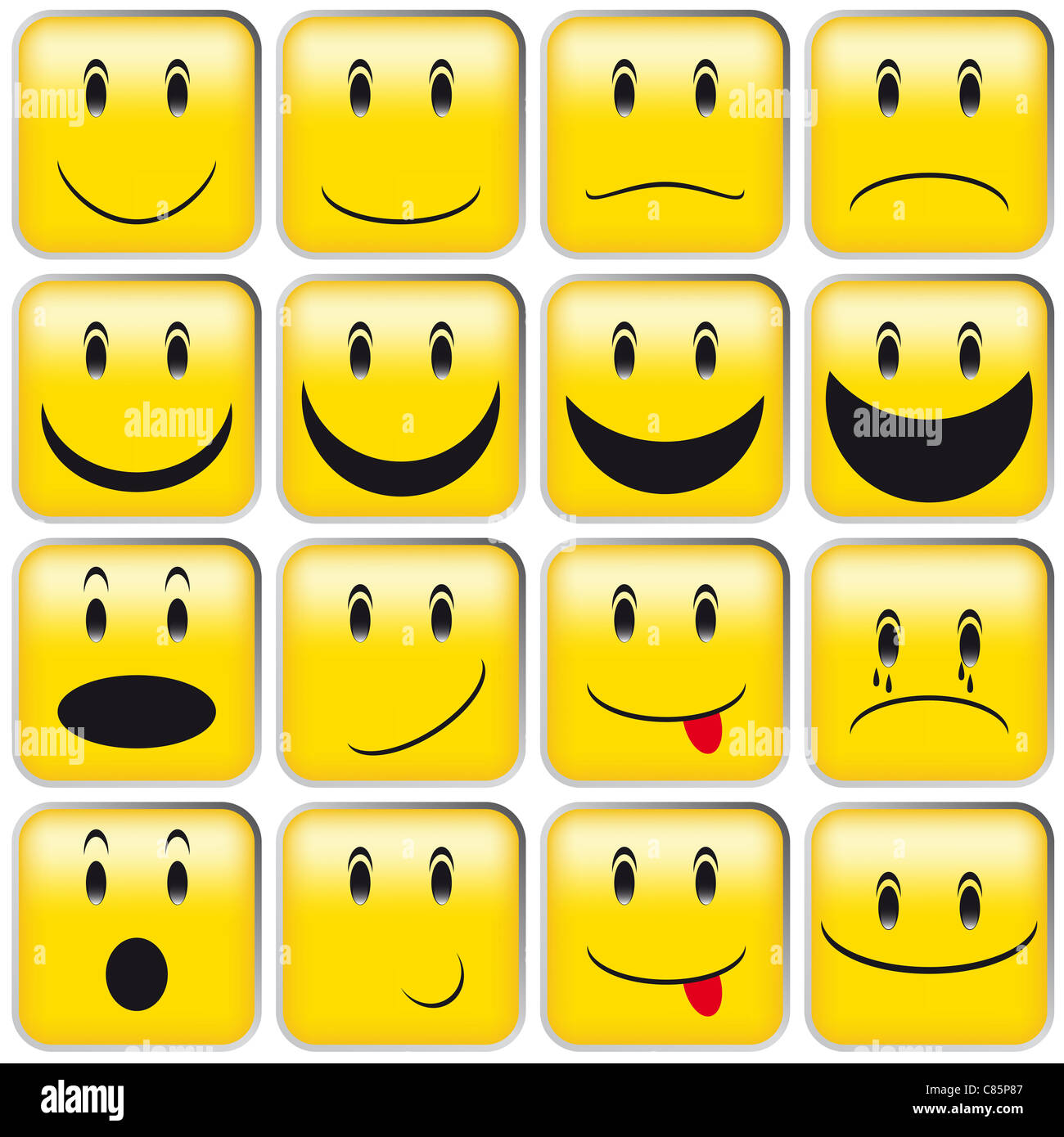 Juego de emoticonos - colección de smileys Cuadrado amarillo Foto de stock