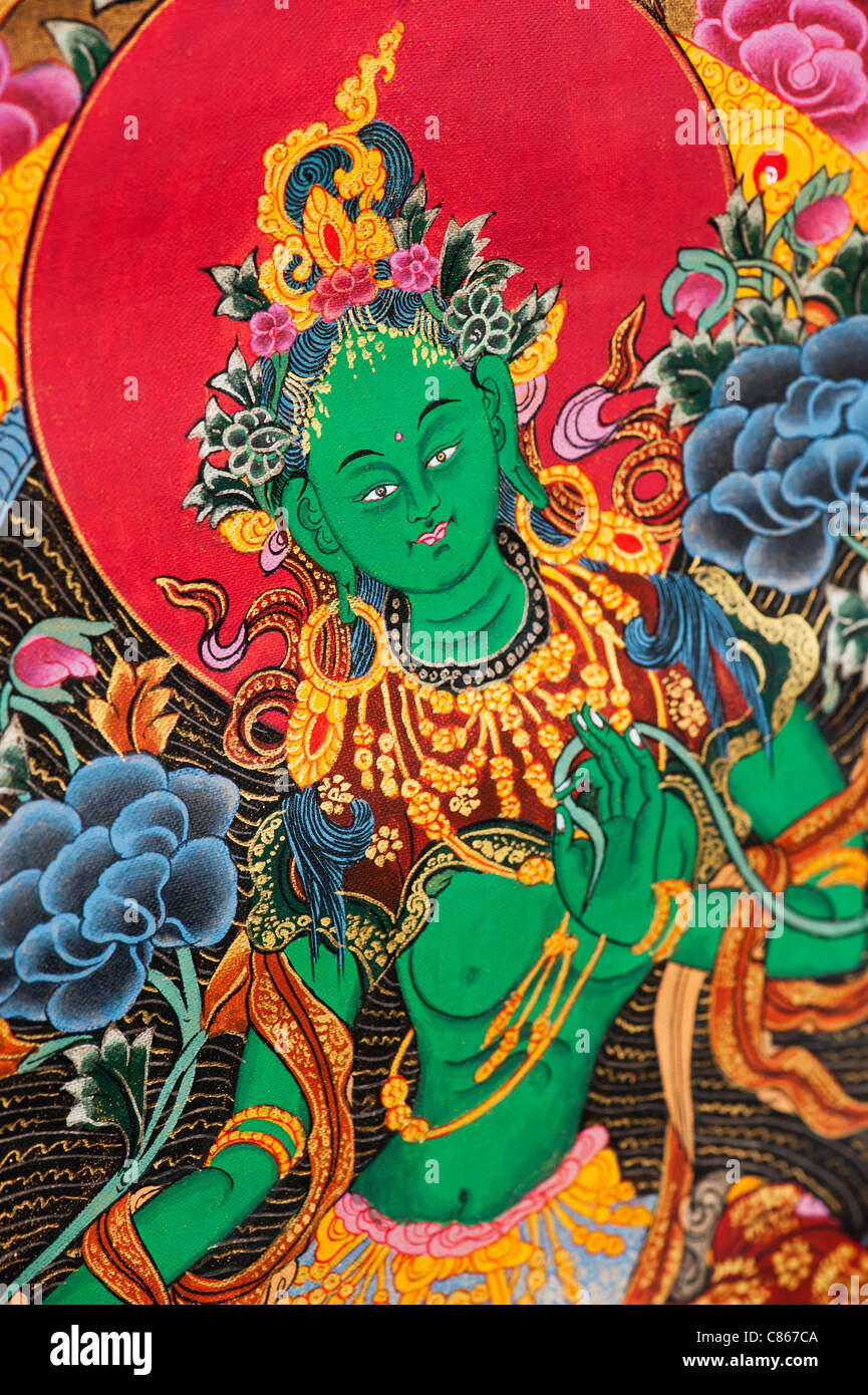 Colorido budista tibetano Thangka / Tanka pintura. Tara Verde Foto de stock