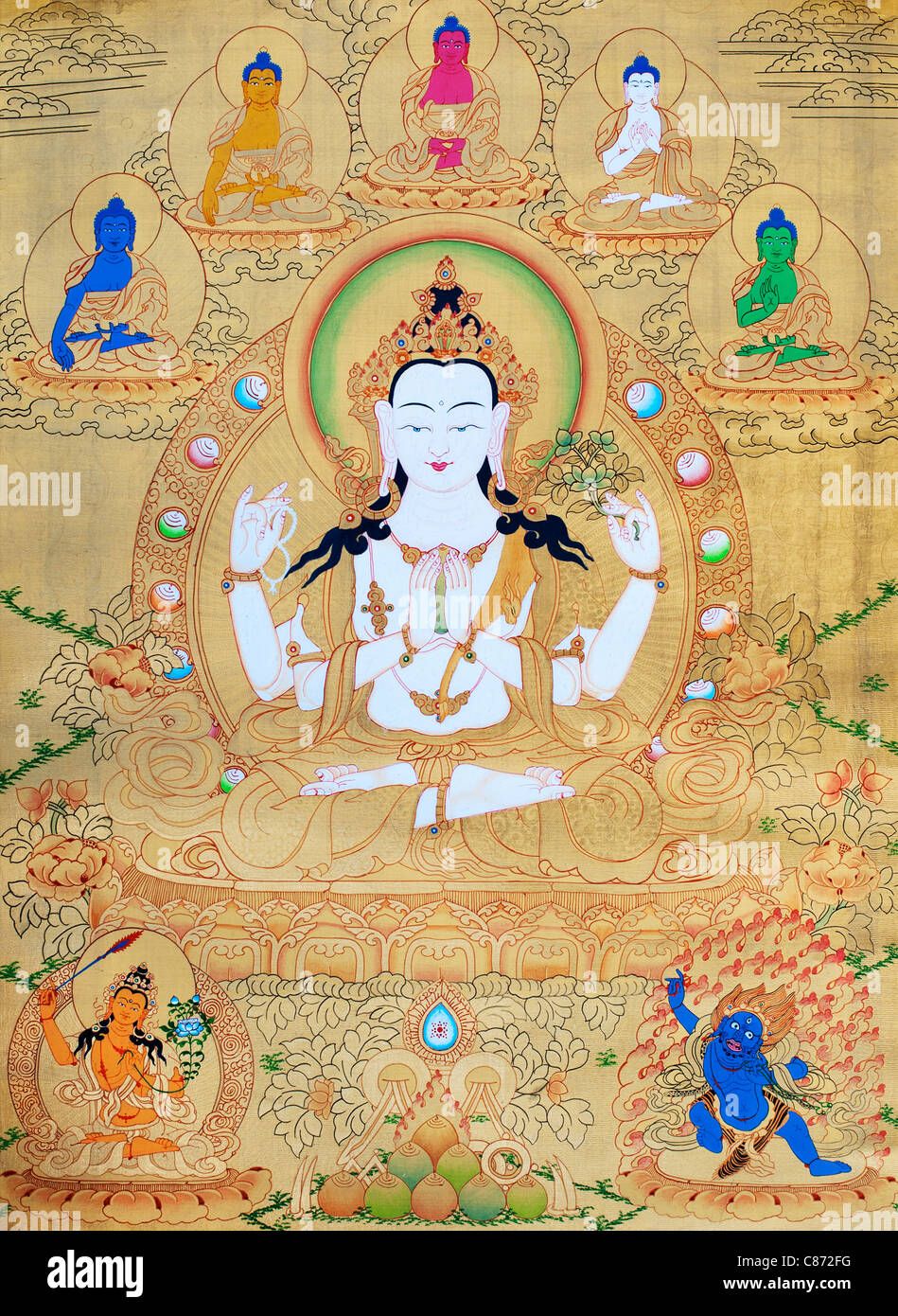 Colorido budista tibetano Thangka / Tanka pintura. Tara Blanca Foto de stock