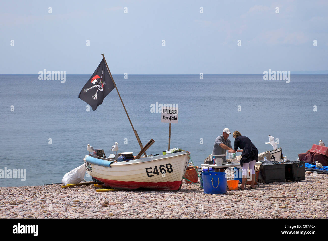 Para la venta de pescado fresco en la playa de Budleigh Salterton en mayo de sol, South Devon, Suroeste de Inglaterra, UK, Reino Unido, GB Foto de stock