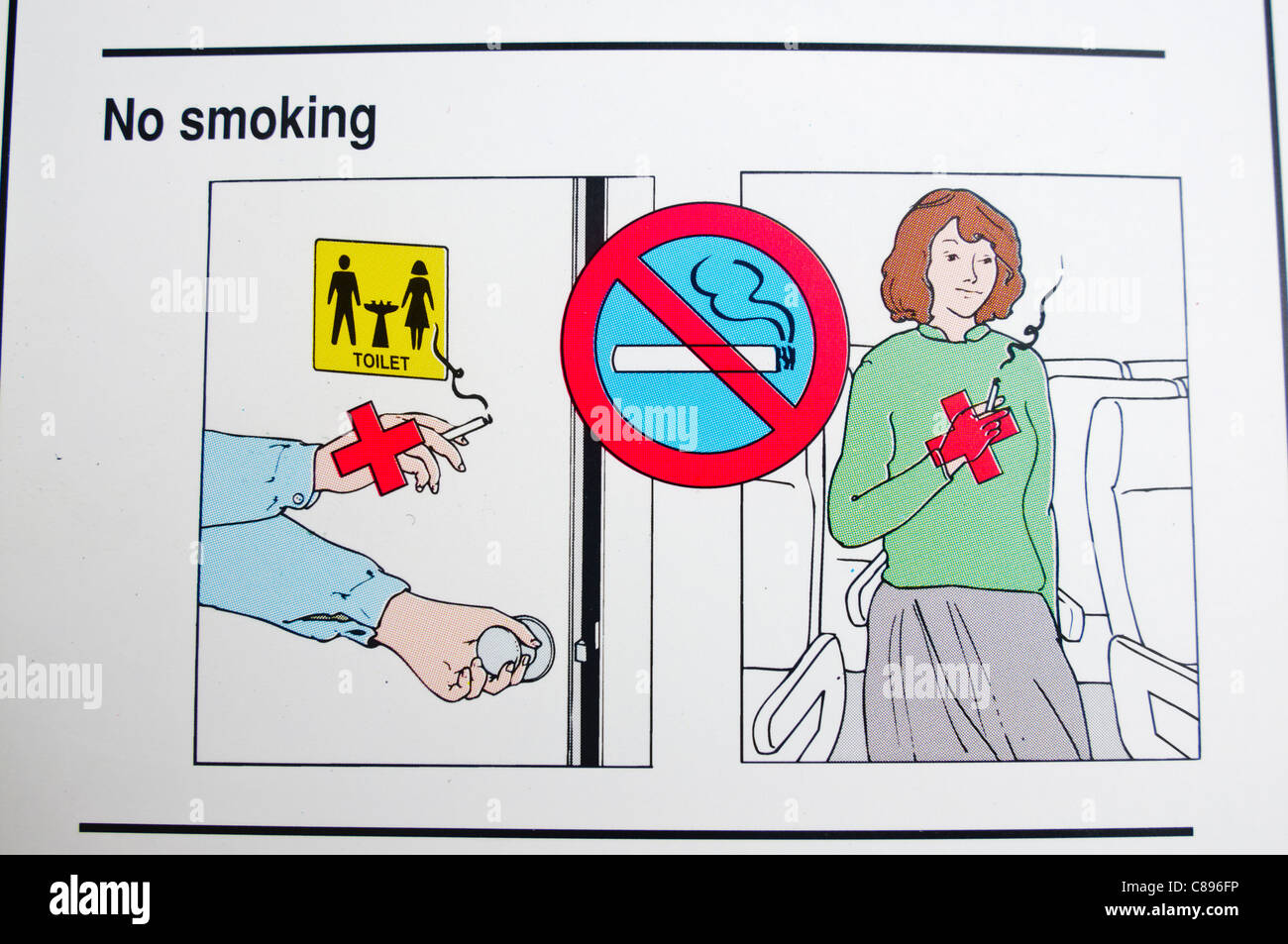Primer plano de una aerolínea tarjeta de seguridad advertencia contra el tabaquismo a bordo Foto de stock