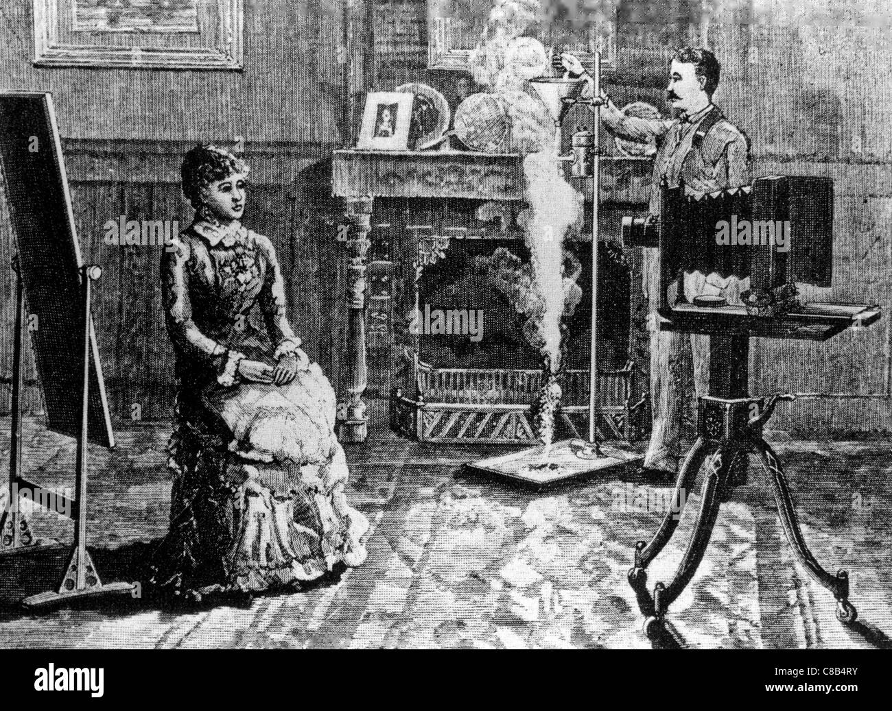 Primeras fotografías con el uso de flash de magnesio,Berlín 1887 Foto de stock
