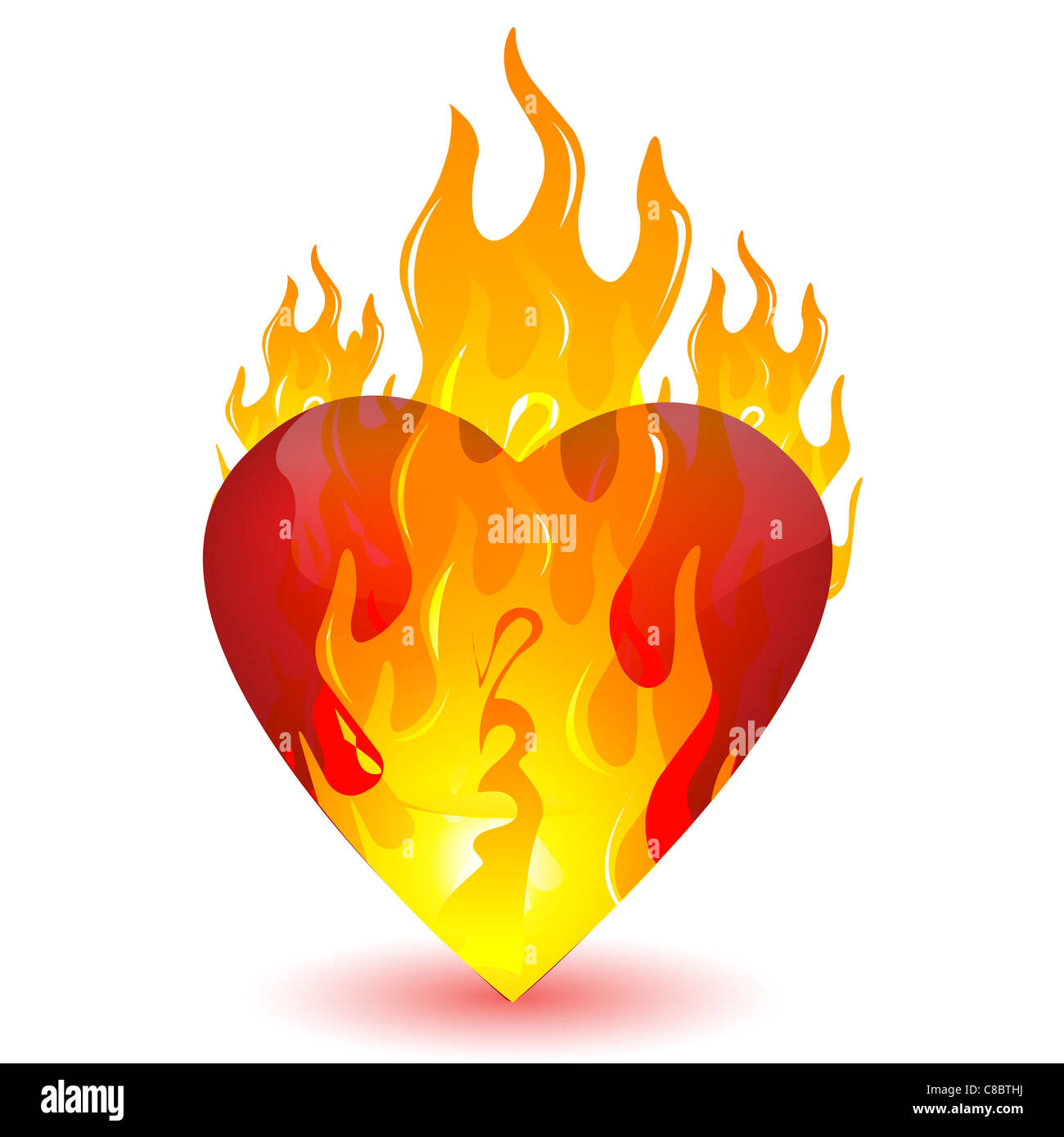 Ilustración de corazón ardiente sobre fondo blanco. Foto de stock