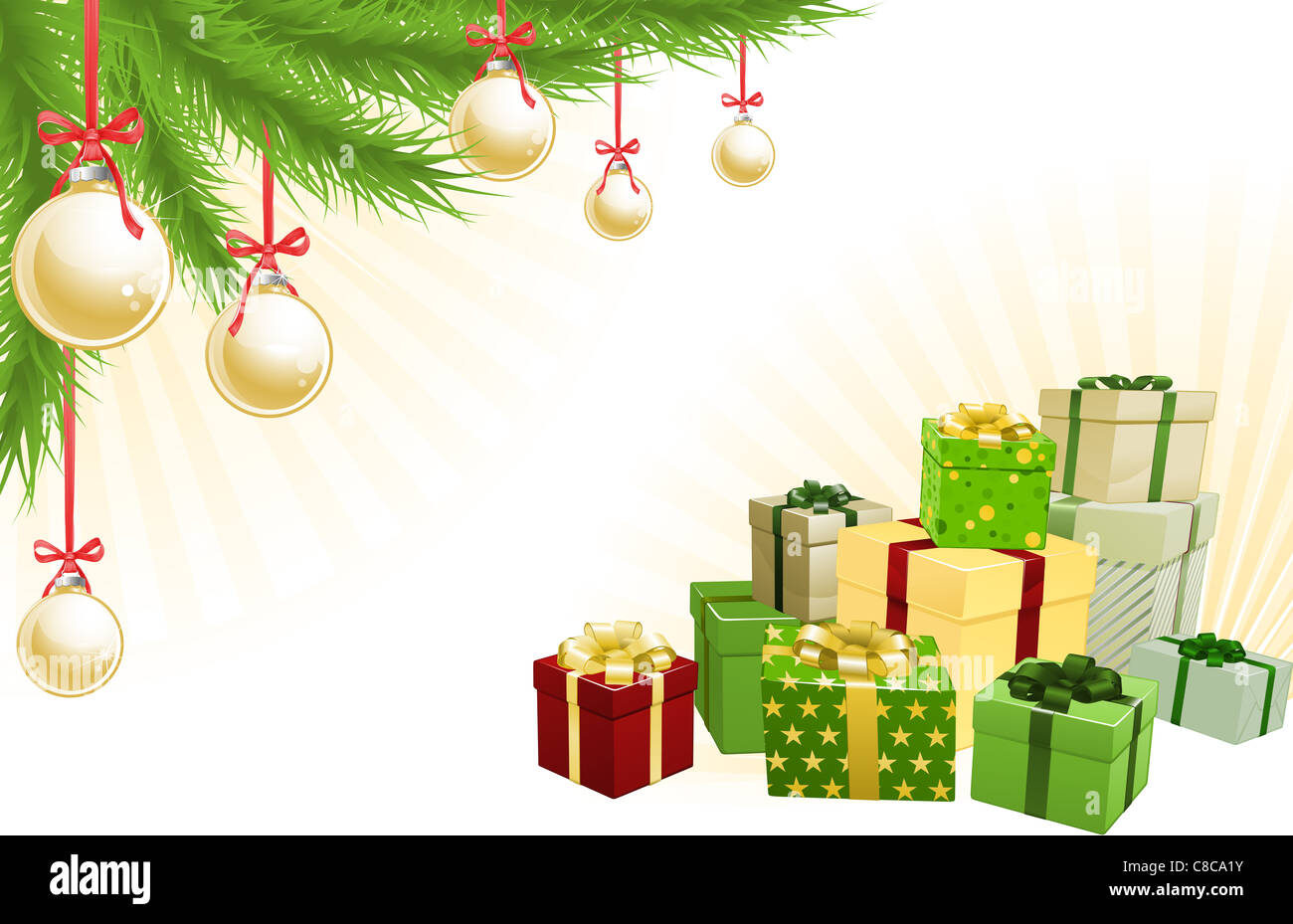 Navidad en rojo, verde y oro esquina elementos de fondo. Árbol de Navidad, bolas y regalos. Foto de stock