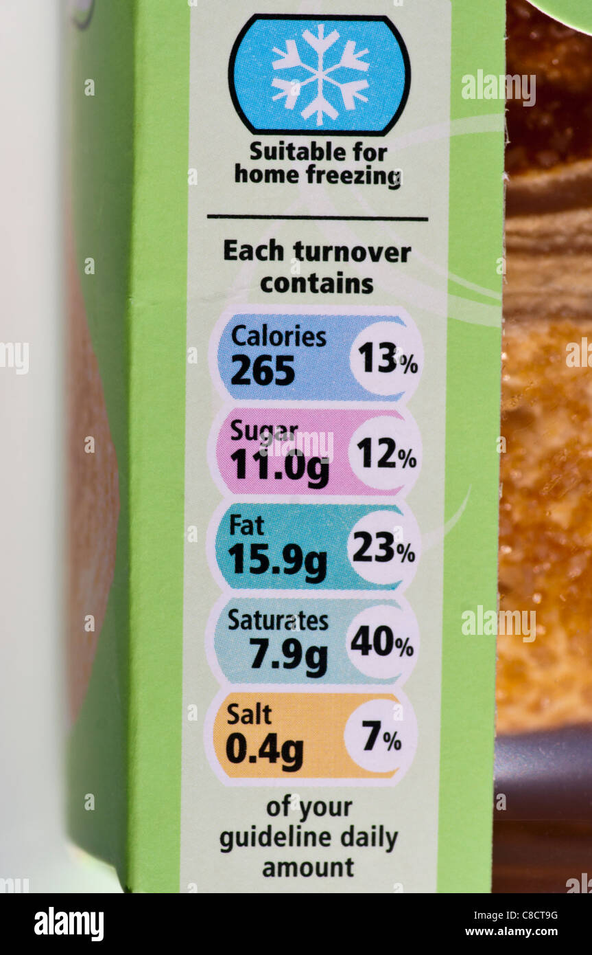 El etiquetado de los alimentos de calorías, grasas y sal azúcar satura la etiqueta de ingredientes UK Foto de stock