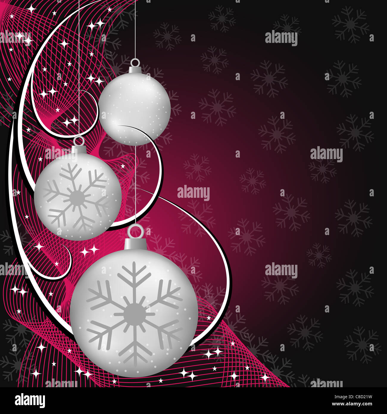 Plata bolas de navidad, tenues líneas, estrellas y copos de nieve en rojo y  el negro como color de fondo. Espacio para copiar texto Fotografía de stock  - Alamy