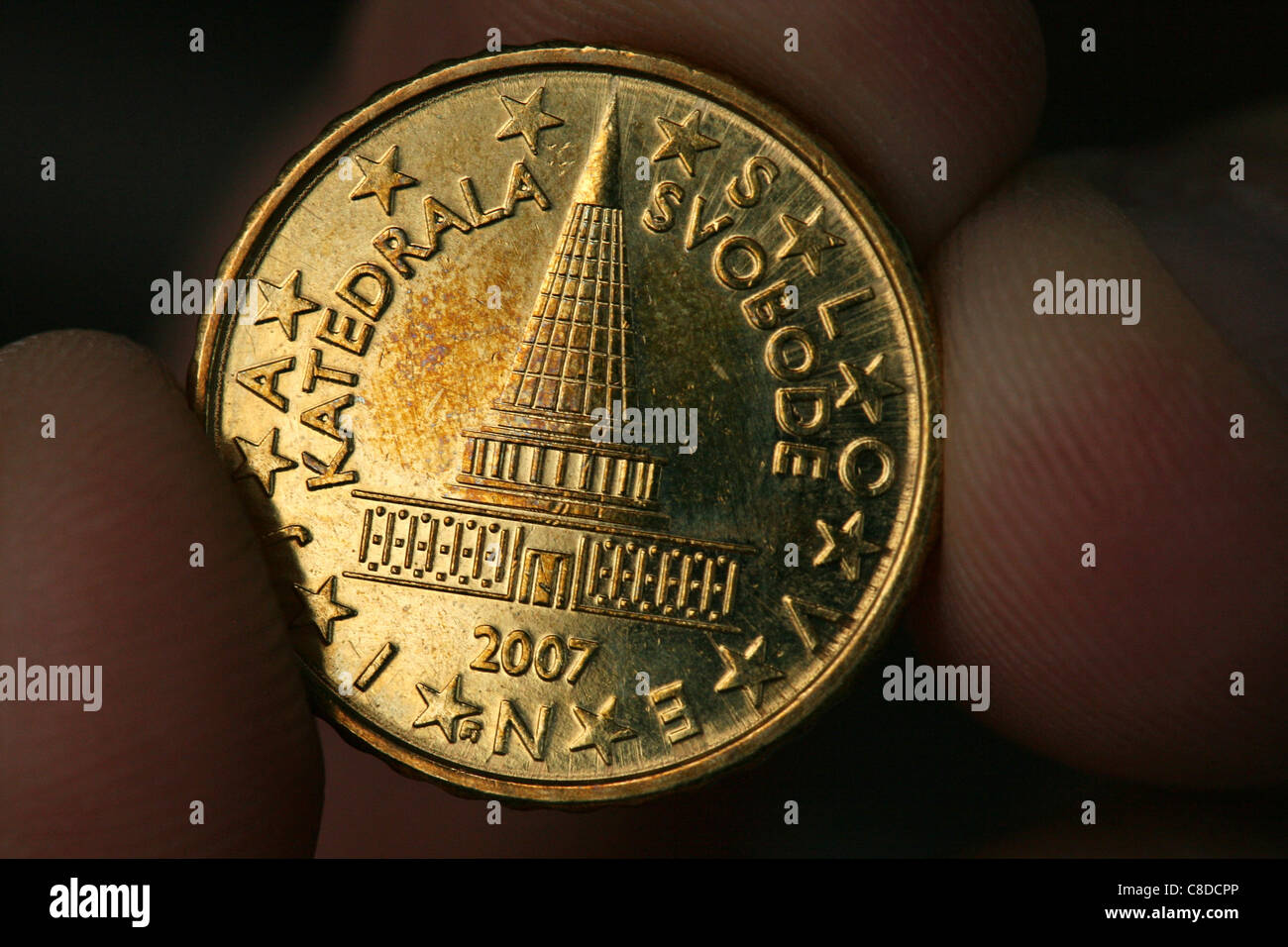 Diseño no realizado del Parlamento Nacional Esloveno por el arquitecto Joze Plecnik sobre la moneda eslovena de 10 céntimos de euro. Foto de stock