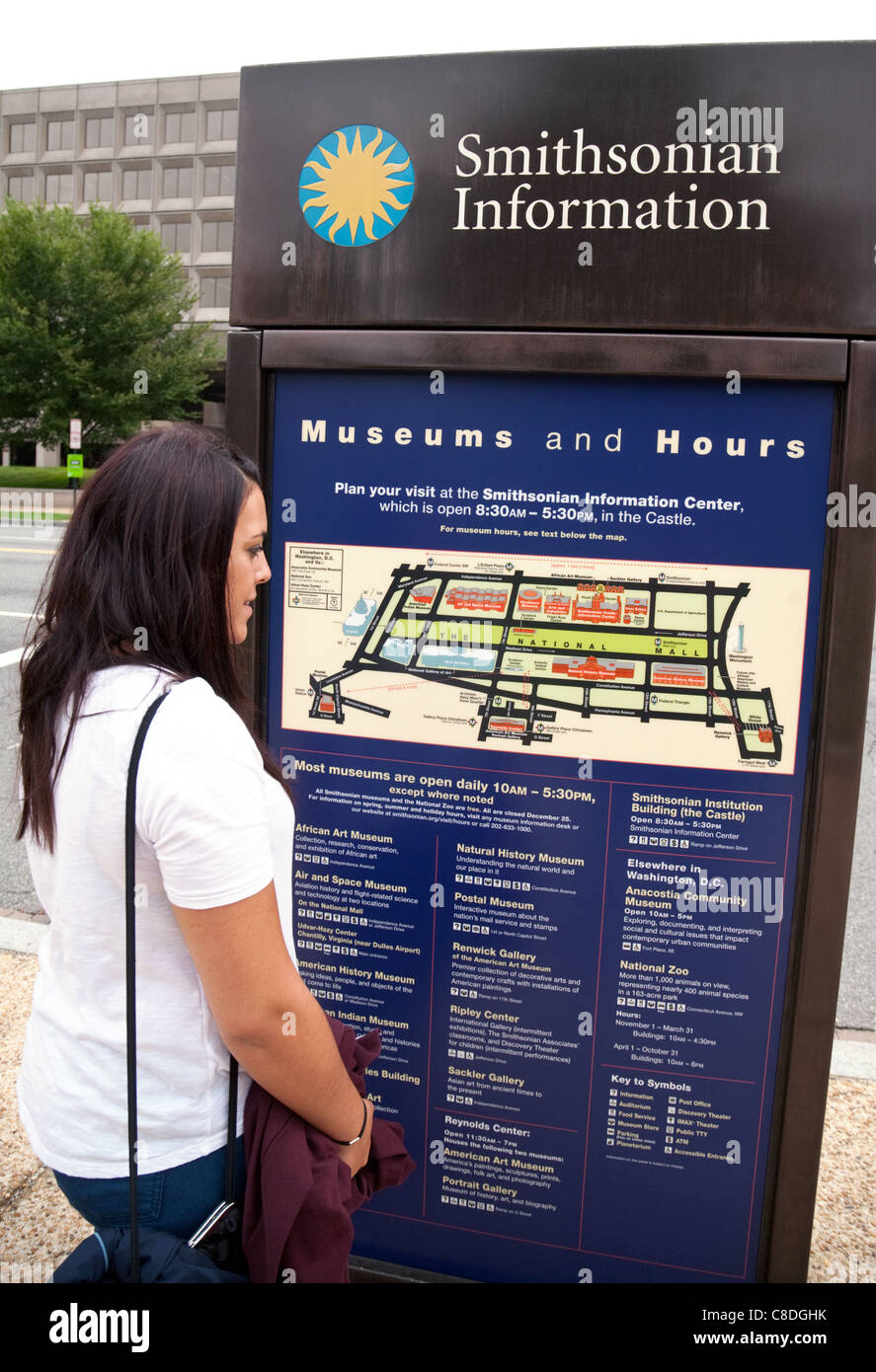 Una joven mujer leyendo un mapa turístico de los museos Smithsonian Institute de Washington DC, EE.UU. Foto de stock
