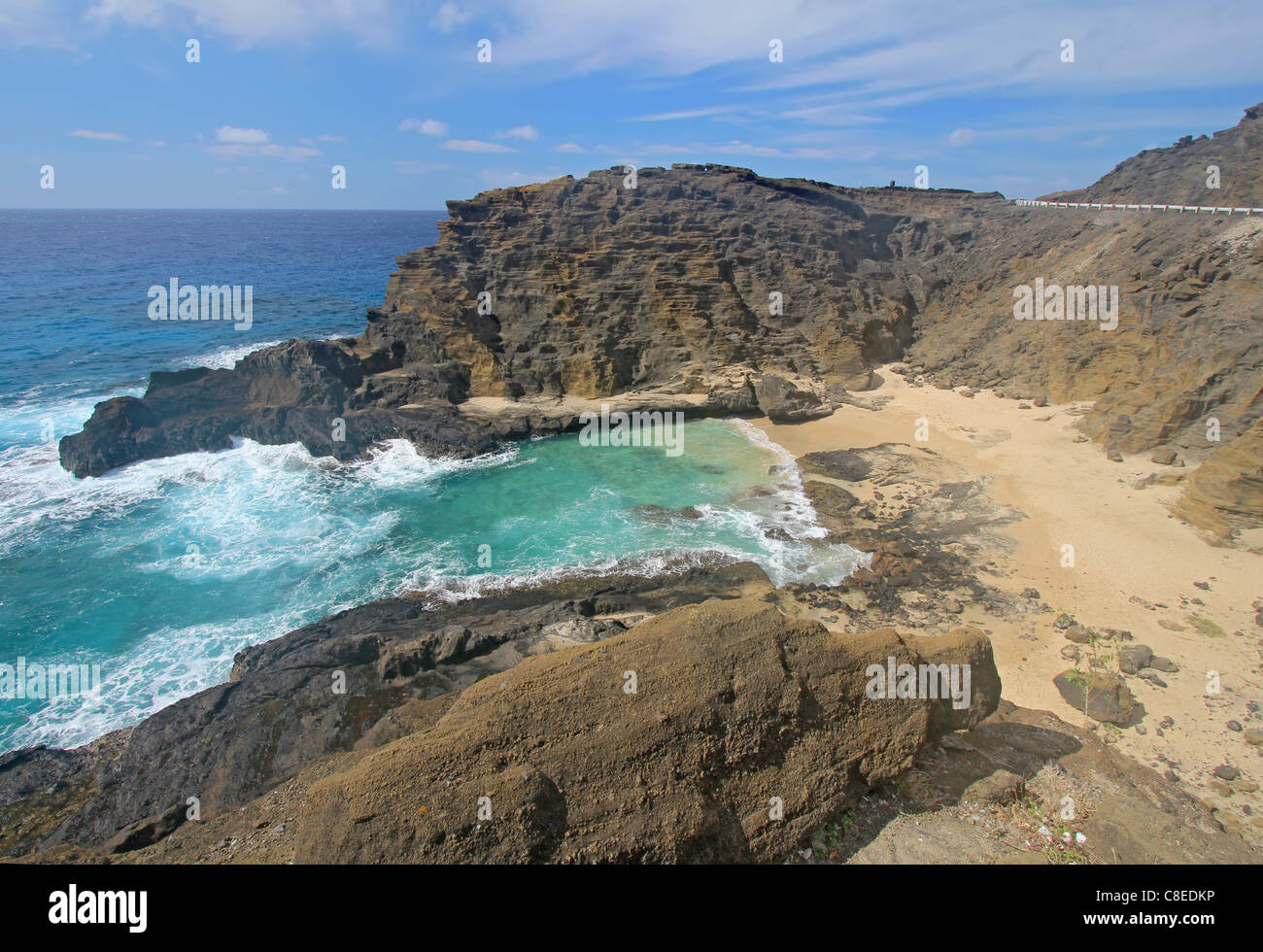 Vista de Halona Beach Cove en Hawai Foto de stock