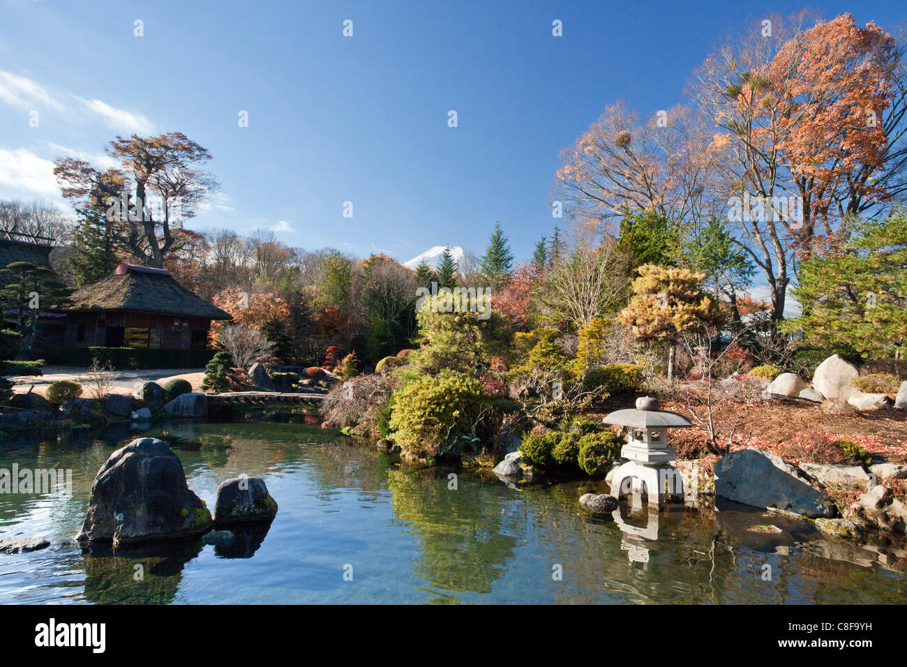 Japón, noviembre de Asia, el monte Fuji, aldea Masuno-Ya Oshino, guardias, jardín, estanque, idílico, Asia Foto de stock