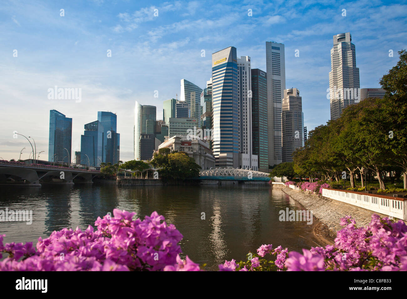 Singapur, Asia, Centro, rascacielos, edificios de apartamentos, edificios de gran altura, rascacielos, flores, Parque, shore Foto de stock