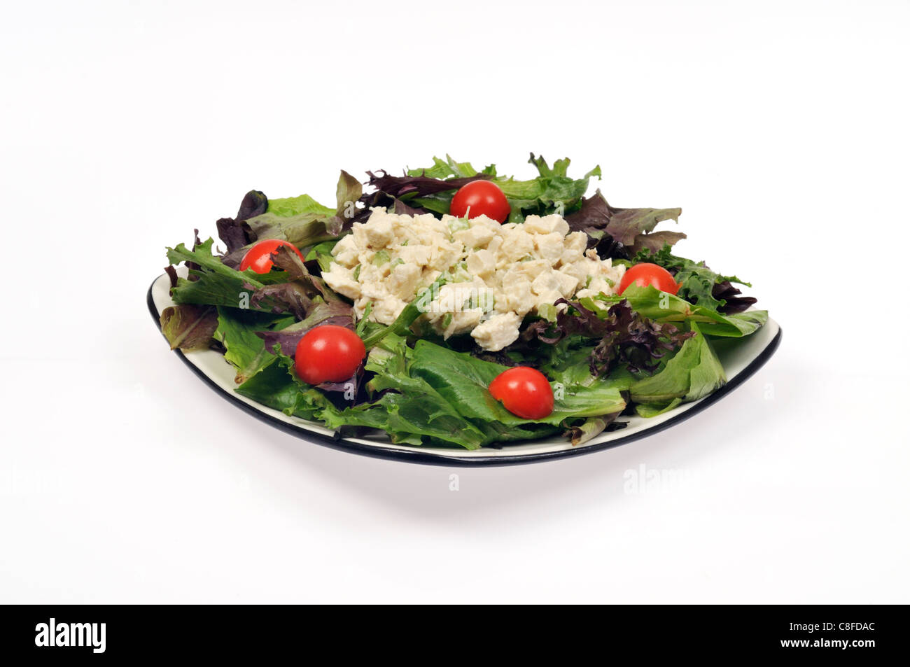 Plato de Ensalada de Pollo con apio, mayonesa y tomate en ensaladas verdes sobre fondo blanco del recorte. Foto de stock