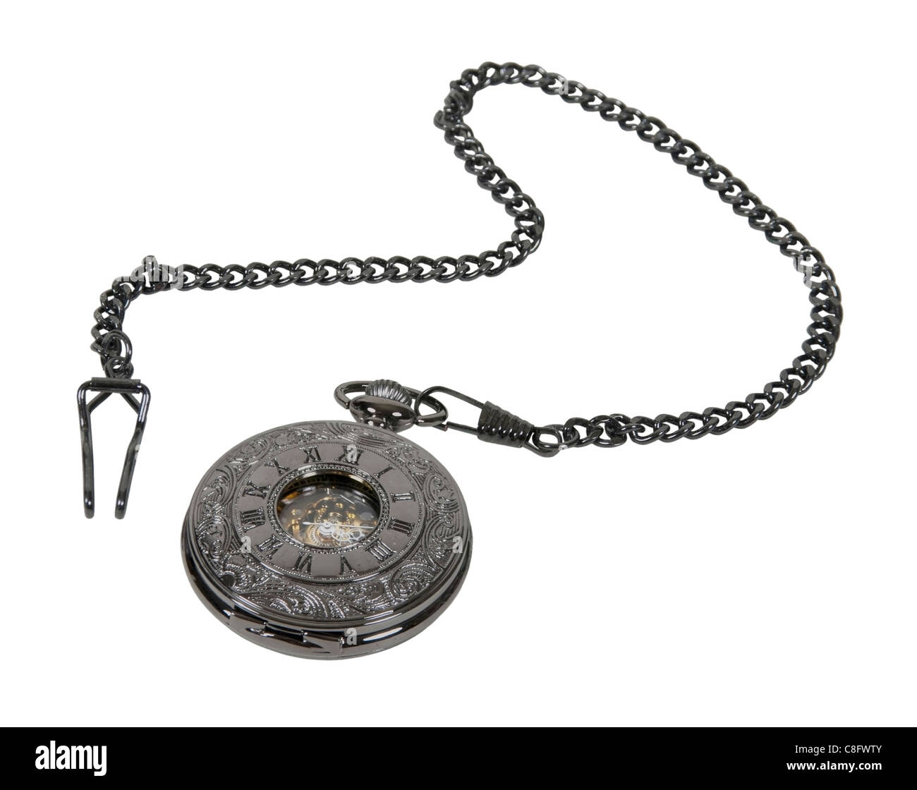 Reloj de bolsillo de plata oscuro con una cadena de metal - Ruta incluida Foto de stock