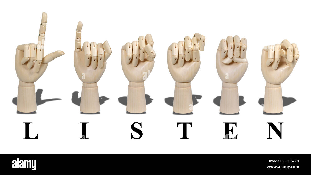 Escuchar enunciados en el lenguaje de señas americano se expresa con gestos de la mano visible para la comunicación de las personas sordas Foto de stock