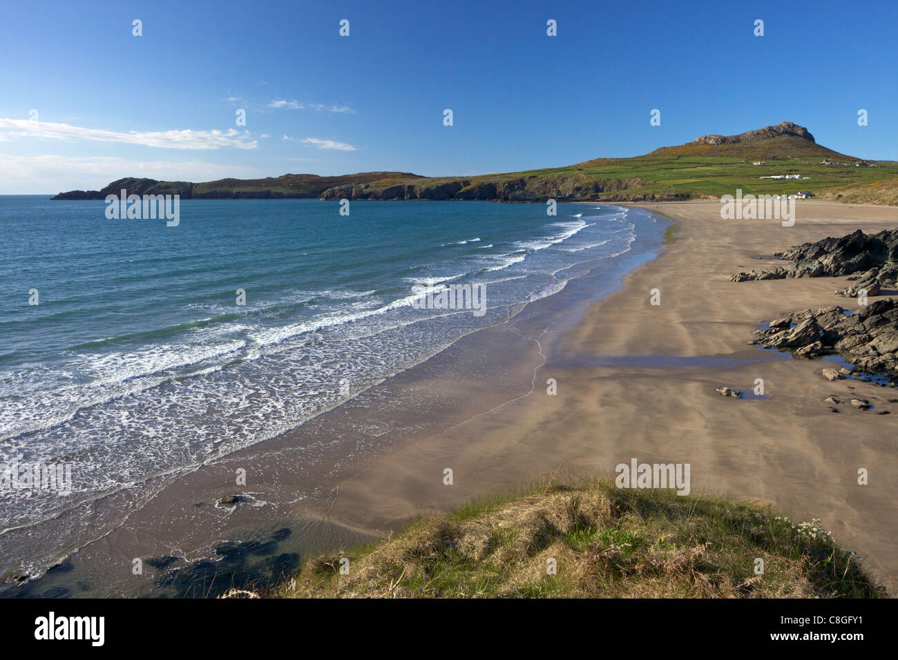 Whitesand Bay en sol primaveral, St. Davids, Parque Nacional de Pembrokeshire, Gales, Reino Unido Foto de stock