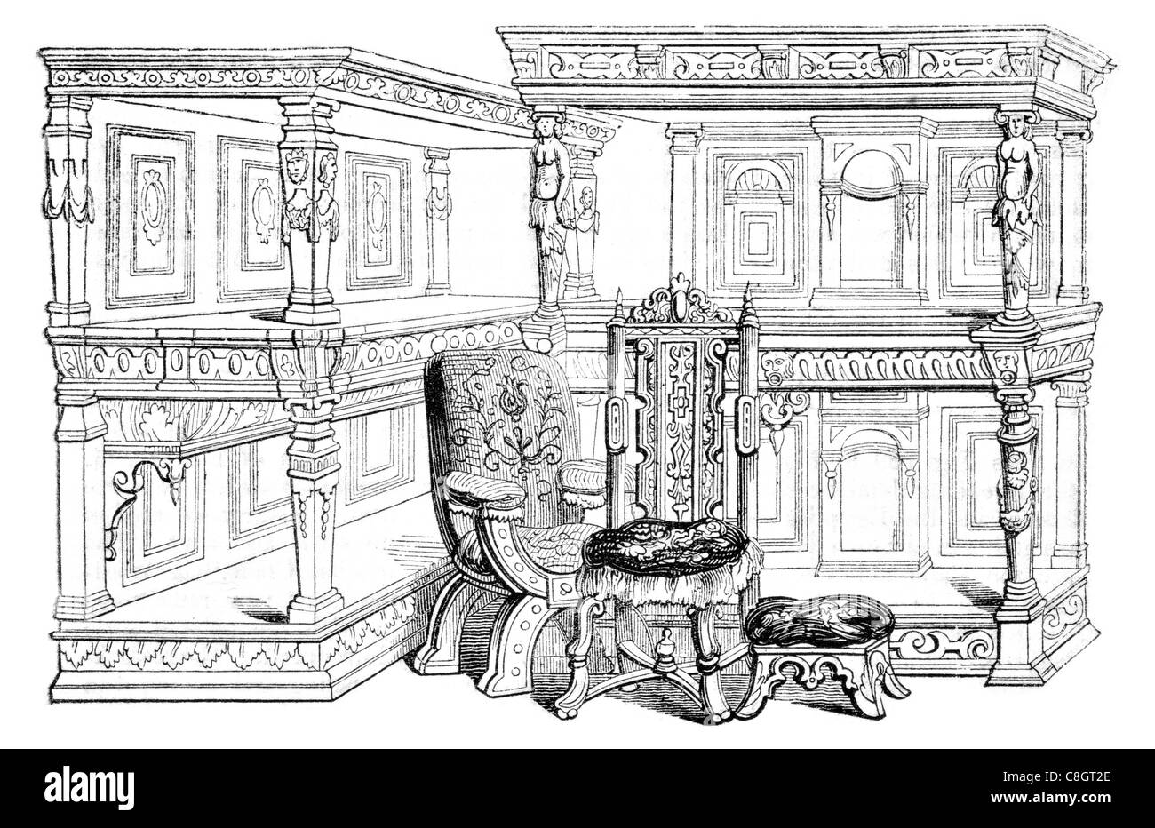 Salón mobiliario taburete silla estantería armario ornamentado antique 16th siglo xvi estudio de la oficina de madera tallada en madera Foto de stock