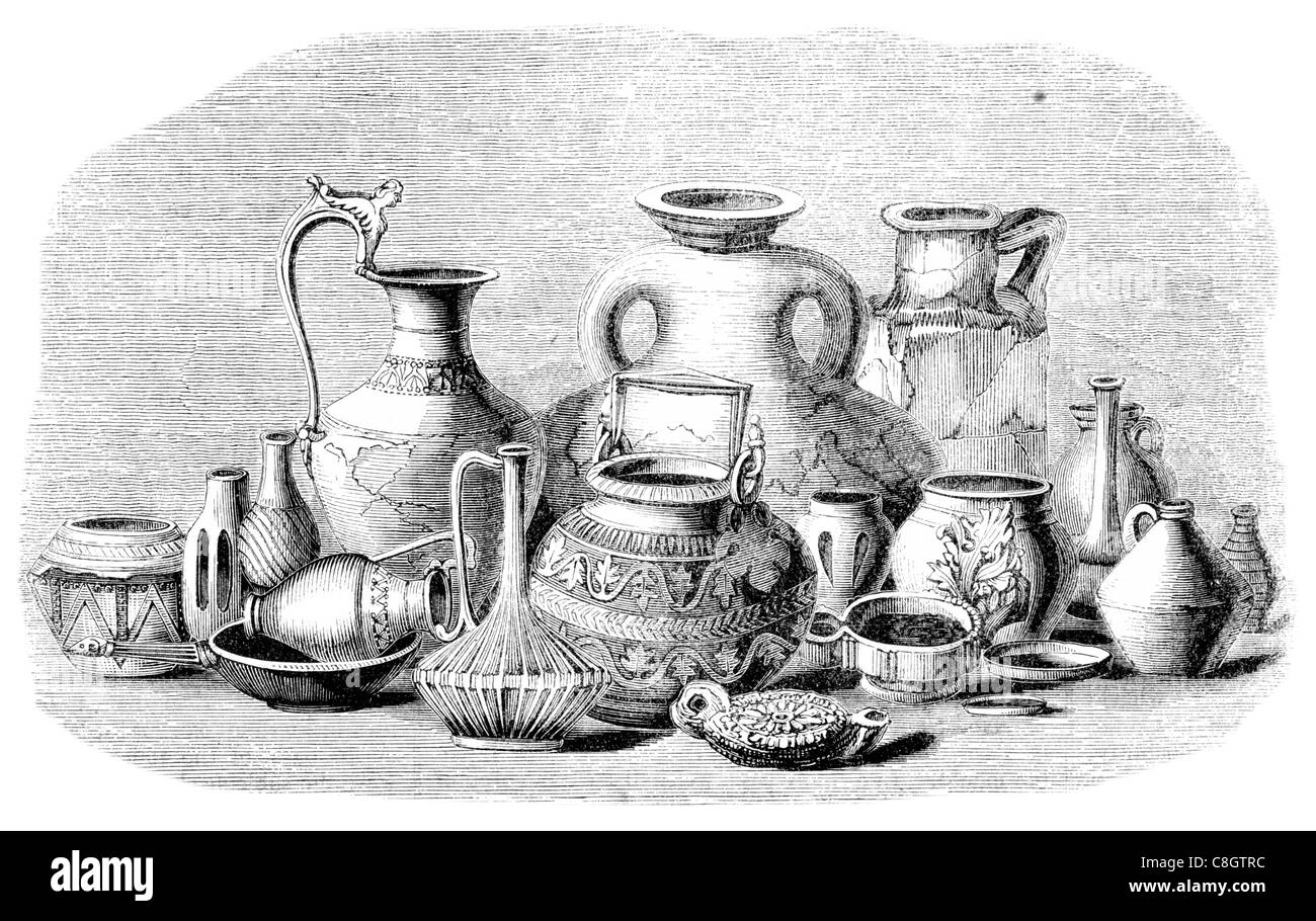 Grupo sanguíneos especímenes encontrados entierro romano en Gran Bretaña Arqueología arqueológicos encontrar sitio treasure bowl cup jarrón de flauta Foto de stock