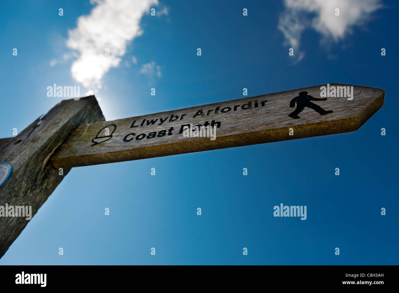 Signo que indica la dirección de la Ruta Costera de Pembrokeshire como pasa la parte inferior de la Ciudad Puerto, Fishguard, en el oeste de Gales. Foto de stock