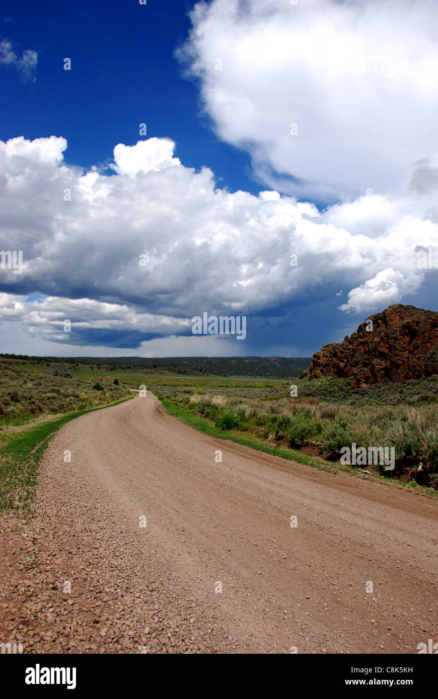 Mud Flat Road, Owyhee derivación escénica, una tormenta en el horizonte Foto de stock