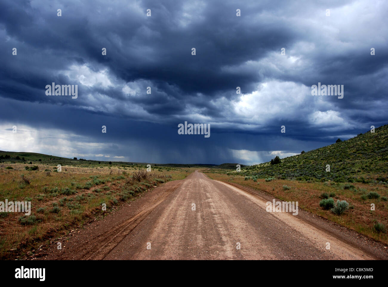 Mud Flat Road, Owyhee derivación escénica, una tormenta en el horizonte Foto de stock
