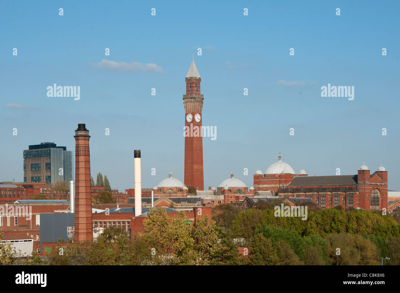 La Universidad de Birmingham skyline con Joseph Chamberlain Memorial Clock Tower en canciller de la corte, Birmingham. Inglaterra. Foto de stock