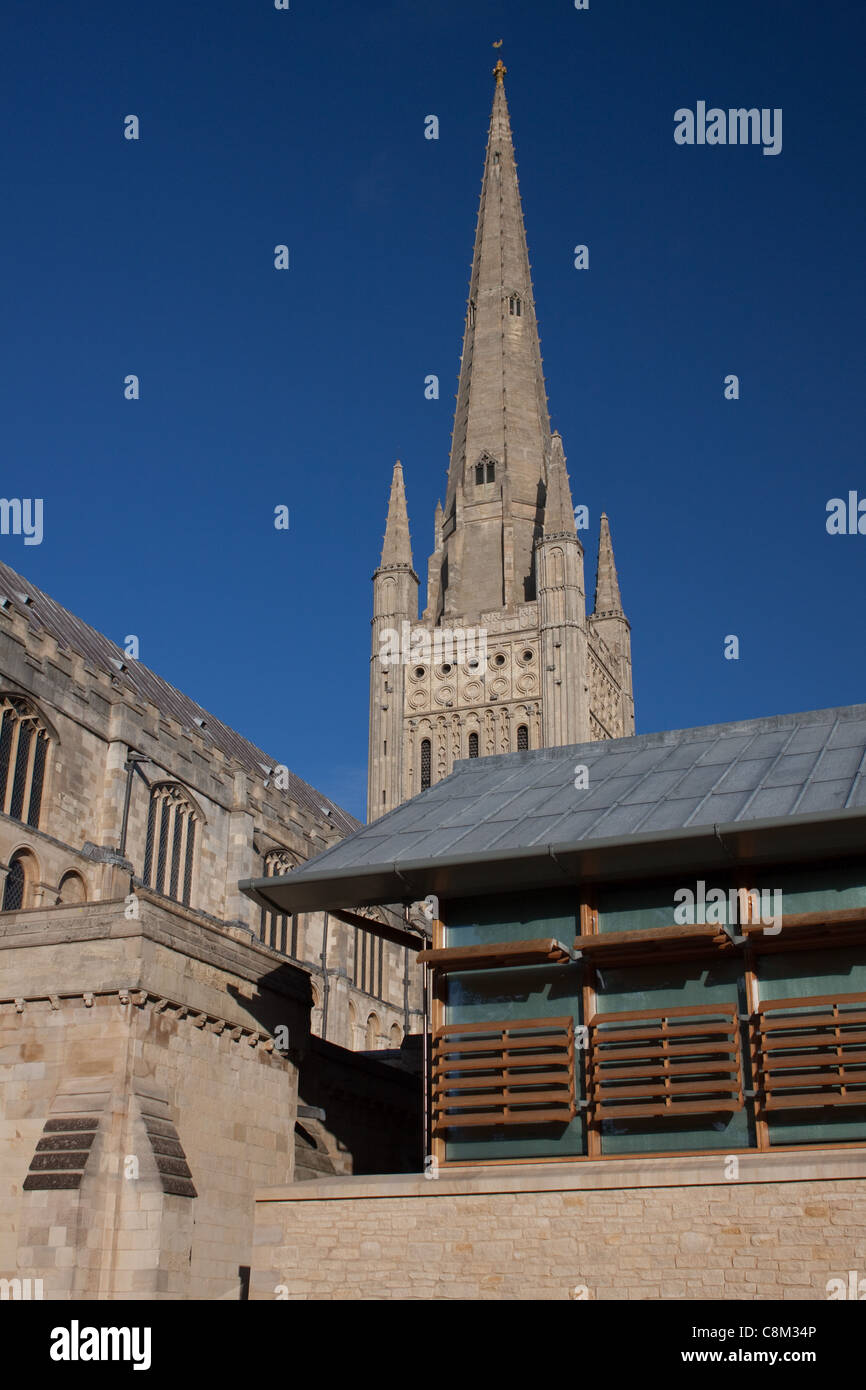 Catedral de Norwich, Norfolk, Inglaterra. La catedral tiene uno de los índices más altos de agujas, y el claustro monástico más grande, en Gran Bretaña. Foto de stock